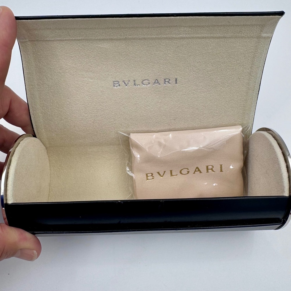 Bvlgari Black Cylindrical Hard Sunglasses Case w/Silver Logo Caps and Lens Cloth